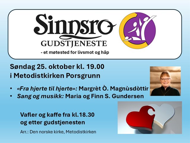 Sinnsrogudstjeneste søndag 25. oktober kl. 19.00 