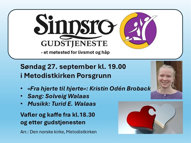 Sinnsrogudstjeneste søndag 27. september kl. 19.00 